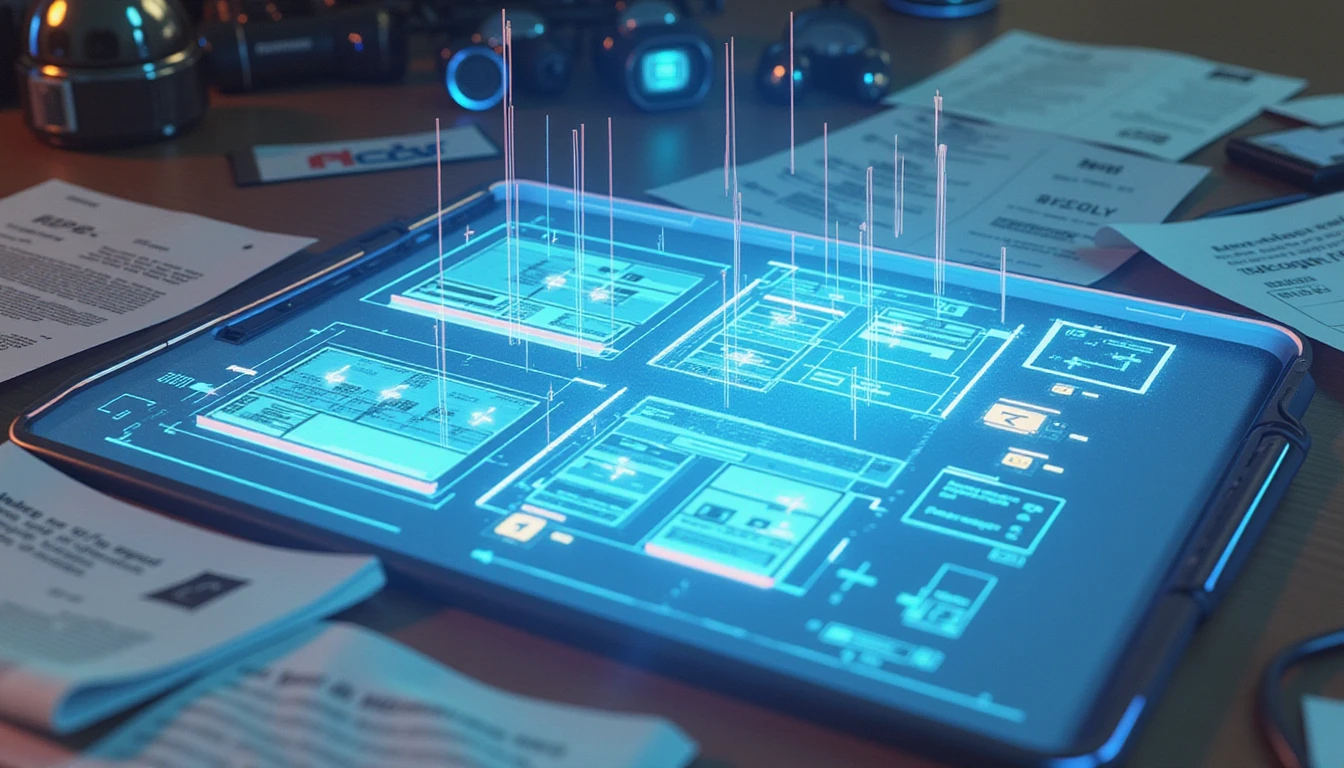 Futuristic digital workspace with receipts, AI scanner overlay, holographic metadata analysis, and fraud detection visuals