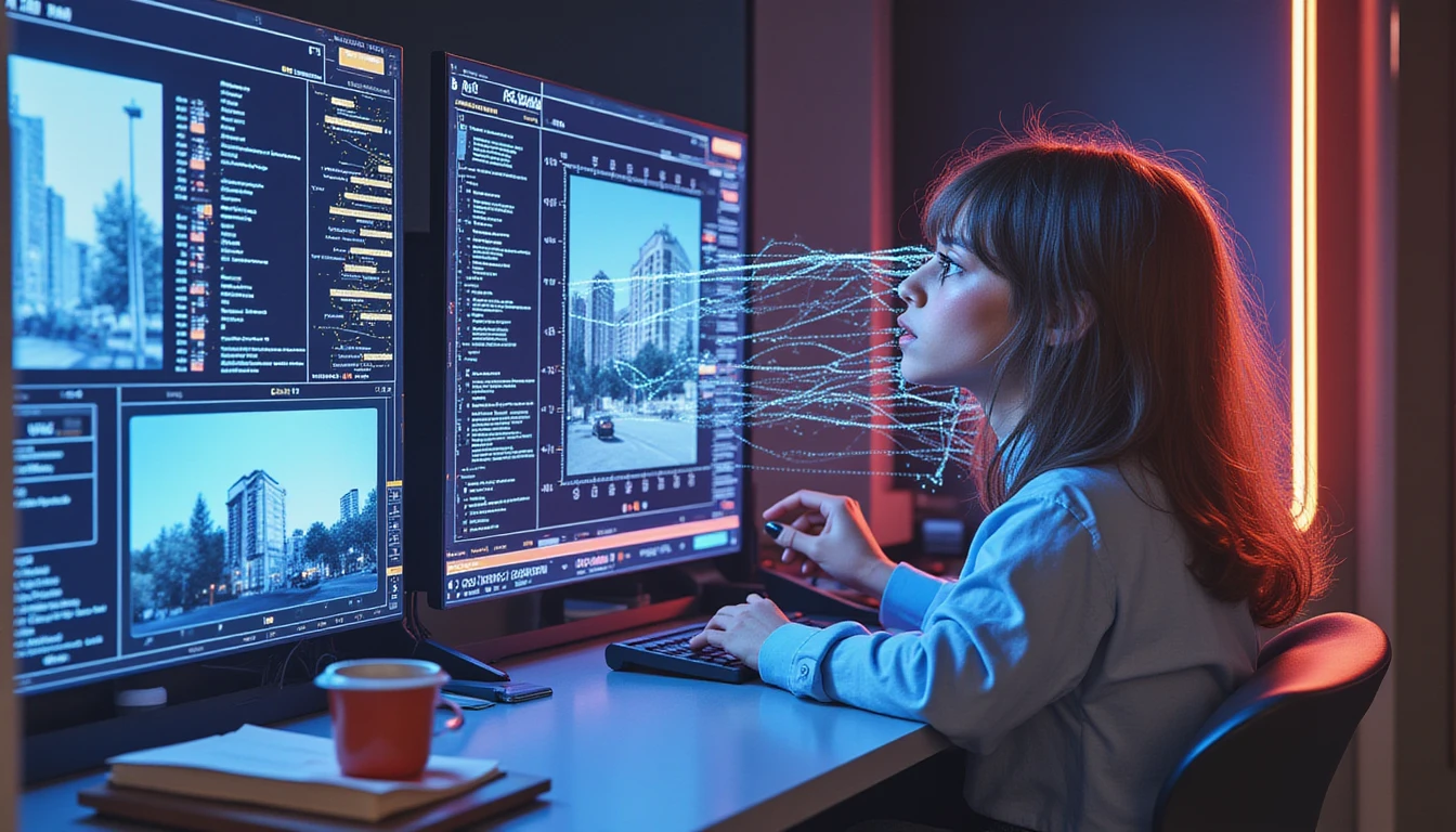 Futuristic AI interface scans forged insurance images with neon-lit data streams and circuit patterns indicating image analysis.