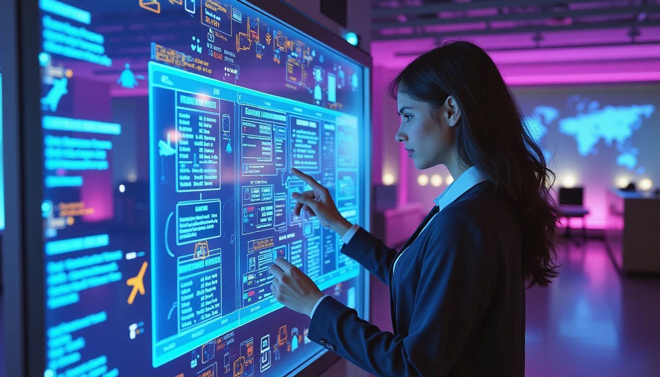 Experte analysiert Schadensansprüche in der Reiseversicherung auf einem neonbeleuchteten Bildschirm mit KI-Erkennung von Betrug in einem futuristischen Technologie-Büro bei Nacht