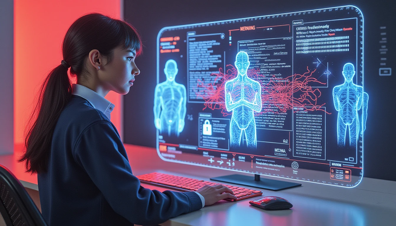Fraud analyst uses holographic interface in neon-lit AI-driven insurance office with VAARHAFT system detecting forged records.