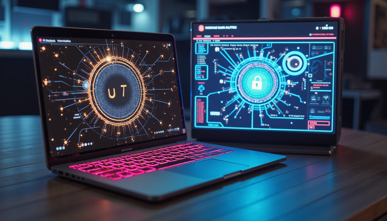 Futuristische Online-Dating-Oberfläche auf schlankem Laptop, neonbeleuchtet, mit KI-Überprüfung digitaler Signale zur Erkennung und Markierung gefälschter Profile.