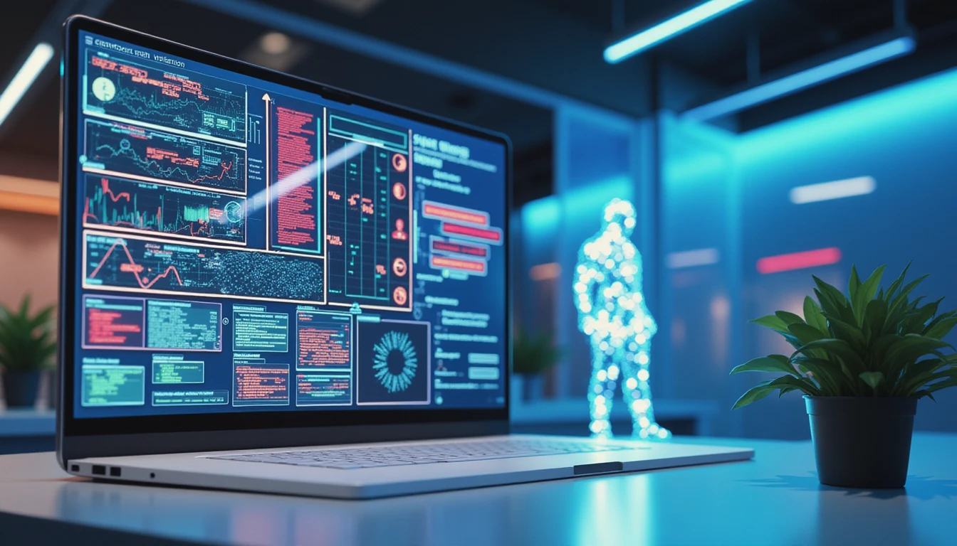 Futuristic AI-driven insurance office with neon glow, showing digital fraud detection via diagrams and data-particle human figure