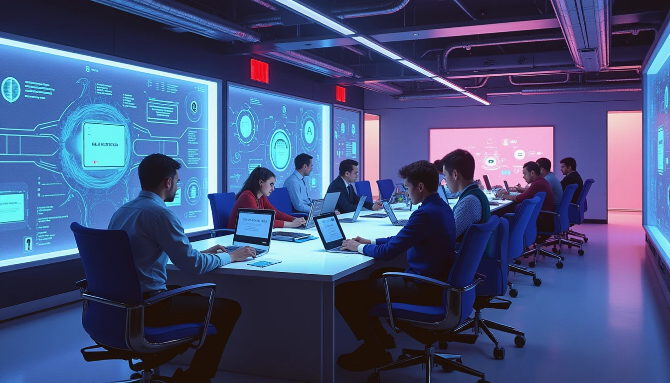Diverse professionals collaborate in a neon-lit, futuristic office, analyzing holographic AI fraud, biometrics, and app security workflows.