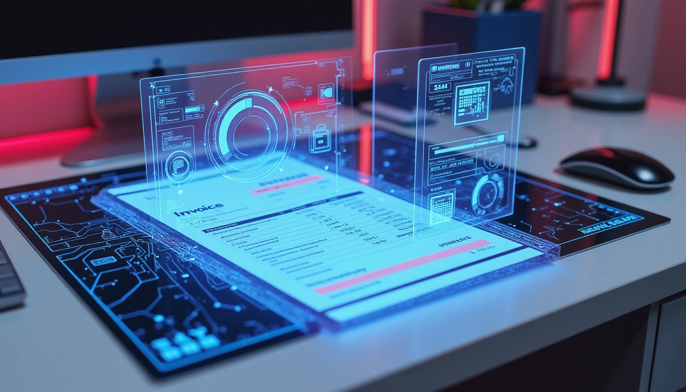 Futuristic macro of digital invoice on high-tech desk with holographic fraud detection and AI cybersecurity overlays