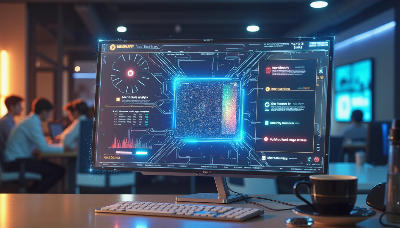 Futuristic insurance office with AI fraud dashboard, metadata analysis overlay, and glowing VAARHAFT Fraud Scanner logo