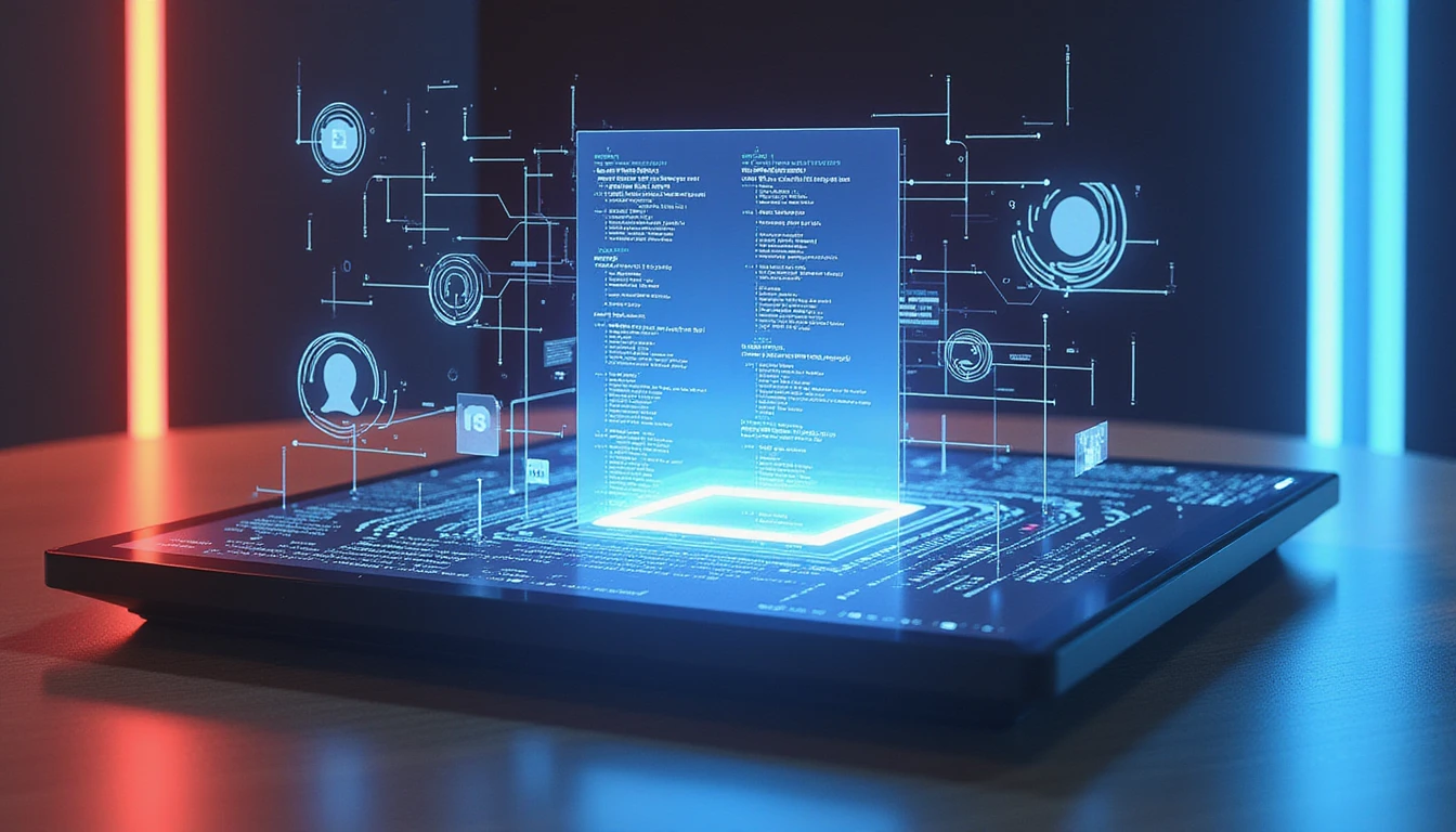 Futuristic office with neon-lit AI dashboard analyzing documents for fraud using holographic code and metadata visuals