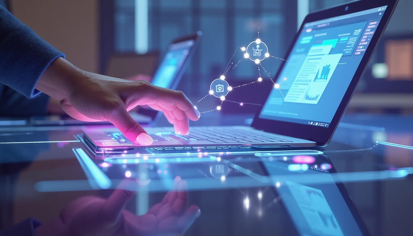 Hand scannt digitales Versicherungsdokument auf holographischer Schnittstelle mit KI-Analyse, sicherem Datenfluss und Betrugserkennungsvisualisierungen