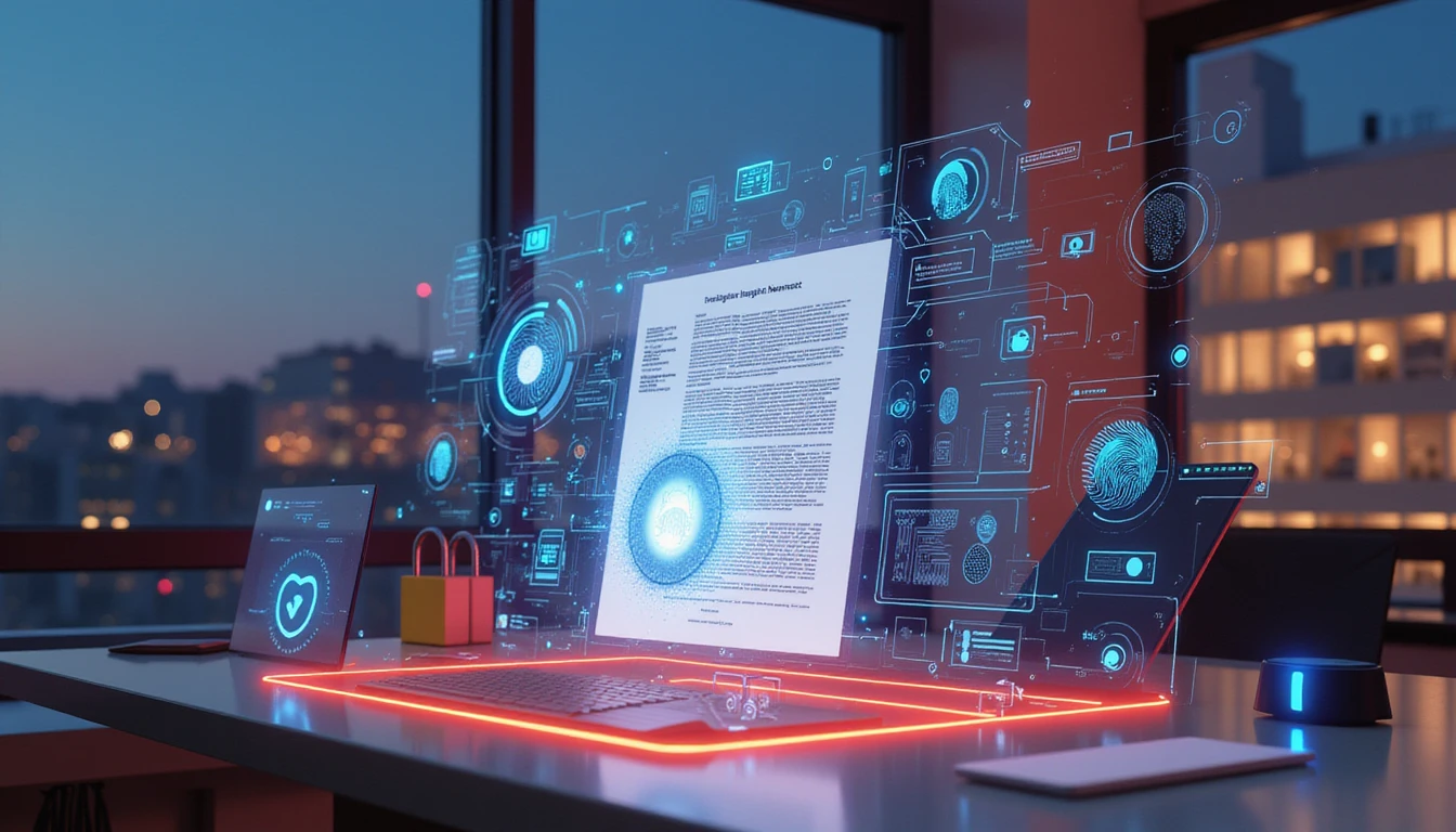 Futuristic digital workspace with AI interface analyzing data streams for real-time fraud detection and cybersecurity assurance