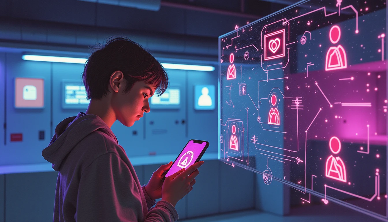 Young person swiping a dating app in a neon-lit futuristic room, with digital warnings, shield icon, and AI protecting against scams