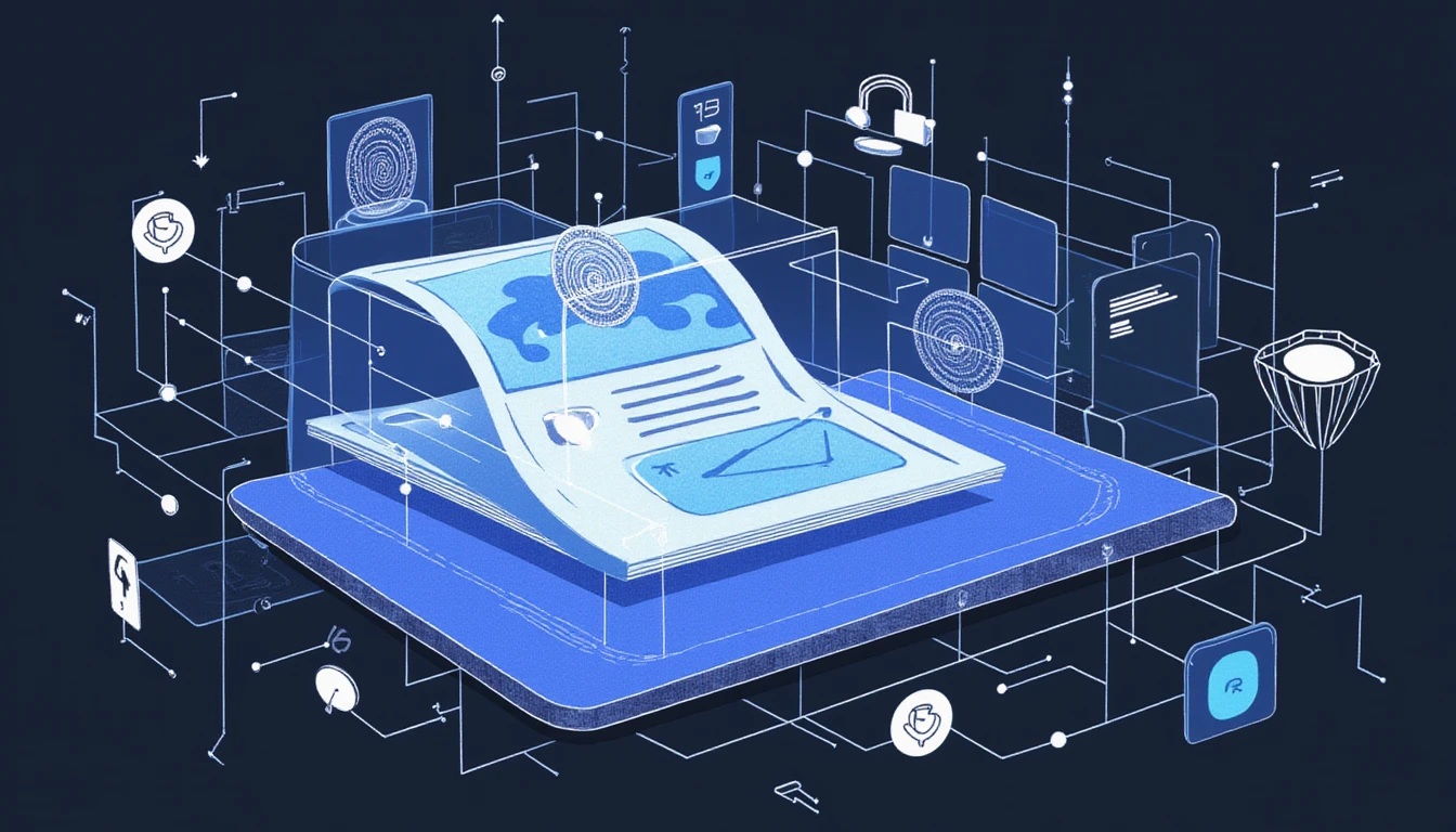 Abstraktes KI-System analysiert digitale Versicherungsdokumente mit biometrischen Mustern, neuronalen Linien und sicheren Datensymbolen zur Betrugserkennung