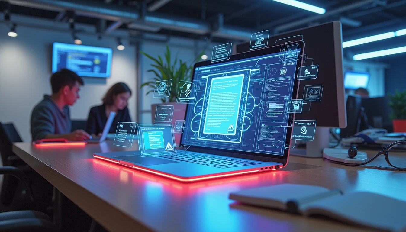 Fachleute in einem modernen Versicherungsbüro nutzen digitale Tools mit KI-Interface, um Dokumente zu scannen, was Datensicherheit und Betrugserkennung hervorhebt.