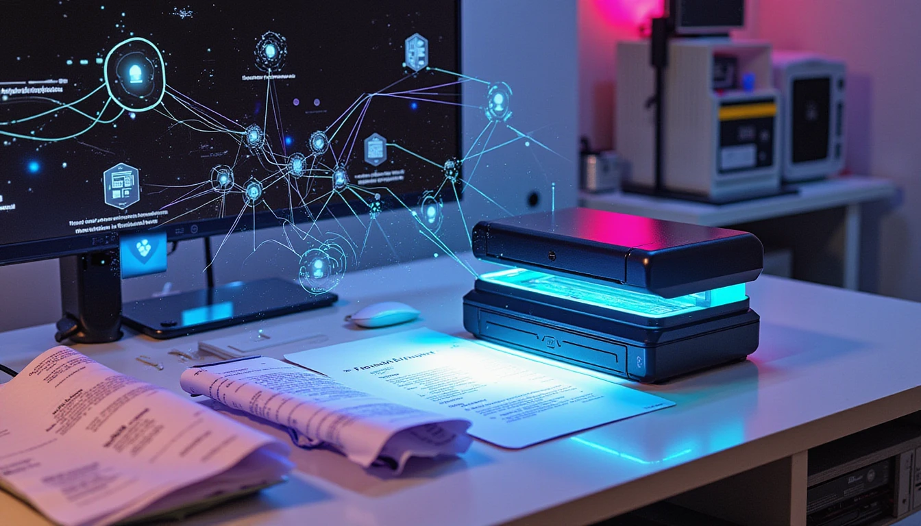 Futuristic workspace with AI scanner processing receipts, holographic data security and fraud detection visuals in the background