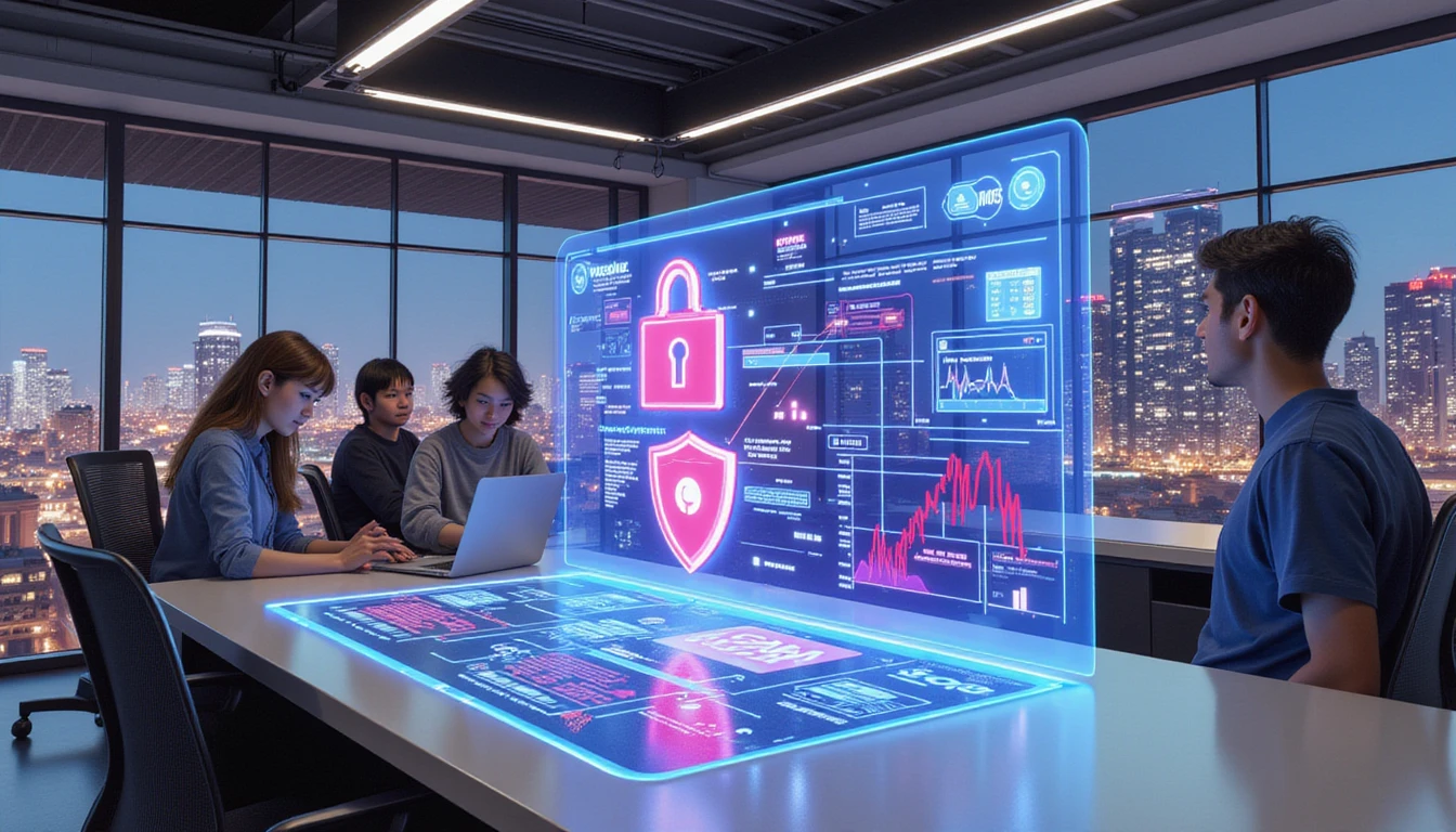 Futuristic office with professionals interacting with holographic AI fraud detection dashboard, smart city and cybersecurity icons in view