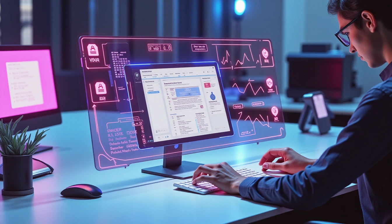 Futuristischer Arbeitsplatz mit transparentem Bildschirm, der Spesendaten, KI-Betrugserkennung-Overlays und neon-leuchtende Cybersicherheitselemente zeigt