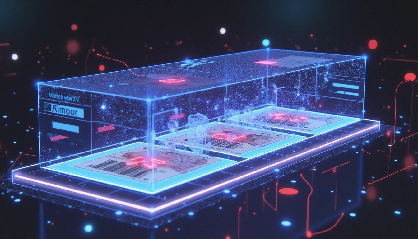 Futuristic AI-powered interface with neon glow analyzing images for fraud detection, featuring interconnected nodes and holographic layers.