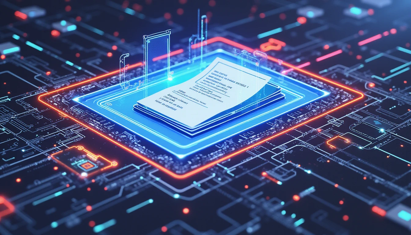 Futuristic macro diagram showing AI scanning a fraudulent insurance document with neon-lit metadata and cybersecurity elements