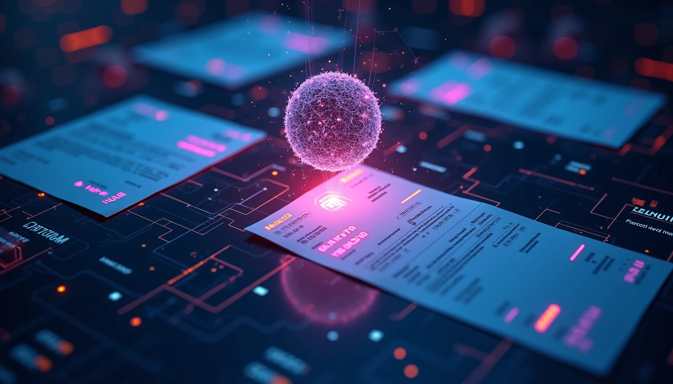 AI auditing platform analyzing distorted digital invoices with glowing metadata and neural network detecting anomalies