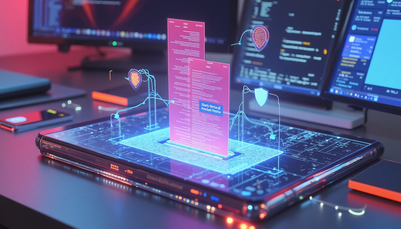 Macro view of a neon-lit futuristic workspace with holographic data, API pipeline, and AI-driven cybersecurity elements.