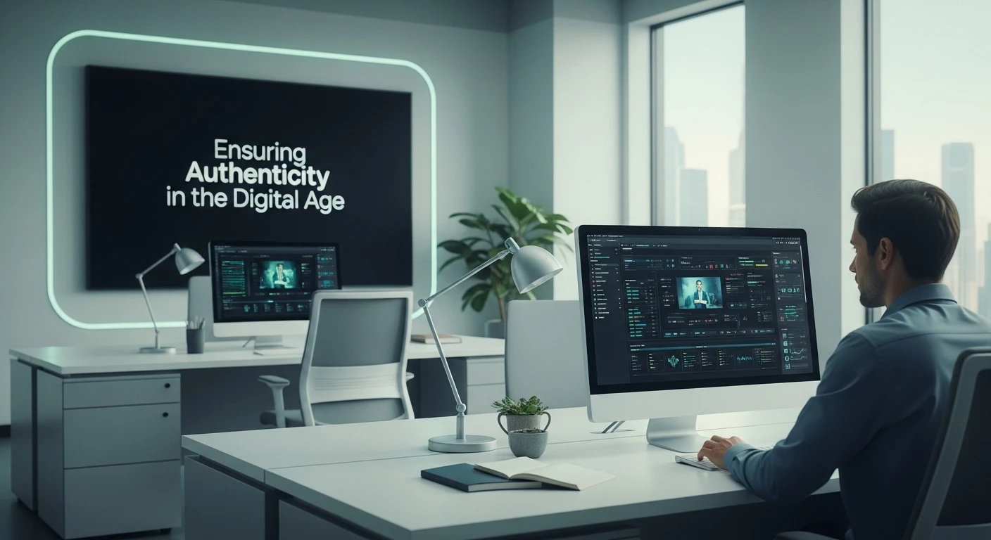 KI-Analyst inspiziert Medieninhalte mit Software zur Deepfake-Erkennung auf einer modernen Oberfläche, symbolisiert robuste Medienverifikation.