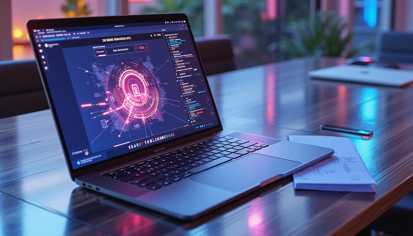 AI-powered expense management interface scanning a receipt on laptop, with visualized fraud detection and futuristic accents