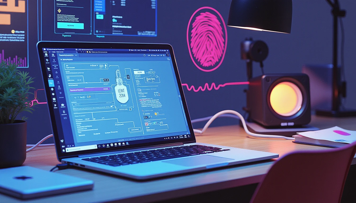 Futuristic fintech interface showing receipt scanning software, neon AI fraud detection graphics, and glowing digital security elements