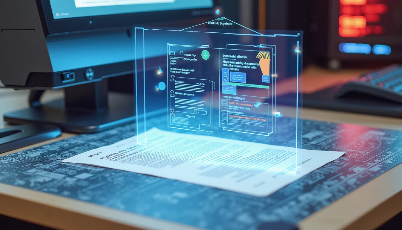 Futuristischer Versicherungsantrags-Schalter mit holographischer KI-Betrugserkennung, die ein realistisches Dokument in einer neonbeleuchteten Tech-Umgebung scannt