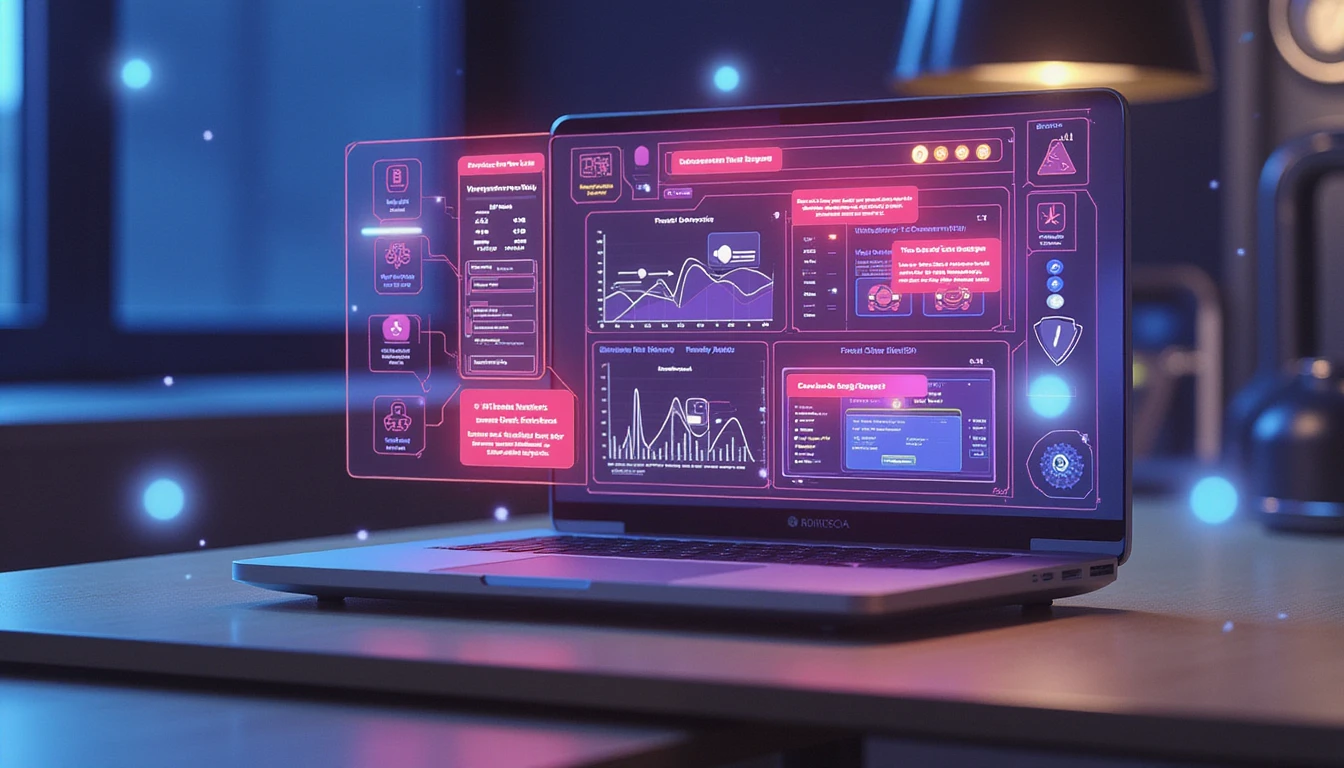 Laptop with AI fraud detection dashboard, surrounded by holograms of document scans and red-highlighted fake invoice alerts