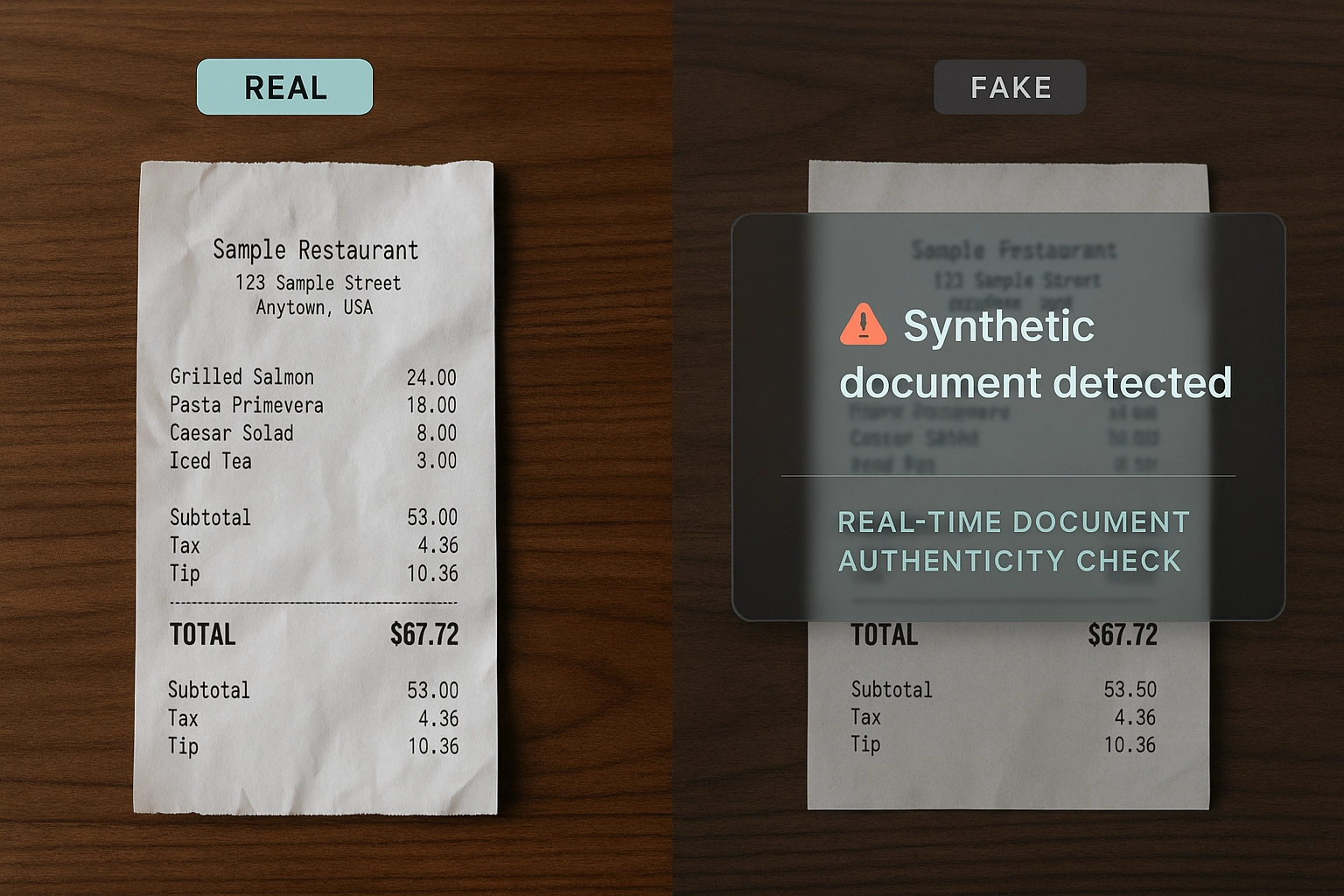 Echtzeit-Dokumentenprüfung vergleicht einen echten Beleg mit einem von der Verifizierungssoftware als gefälscht gekennzeichneten synthetischen Beleg.