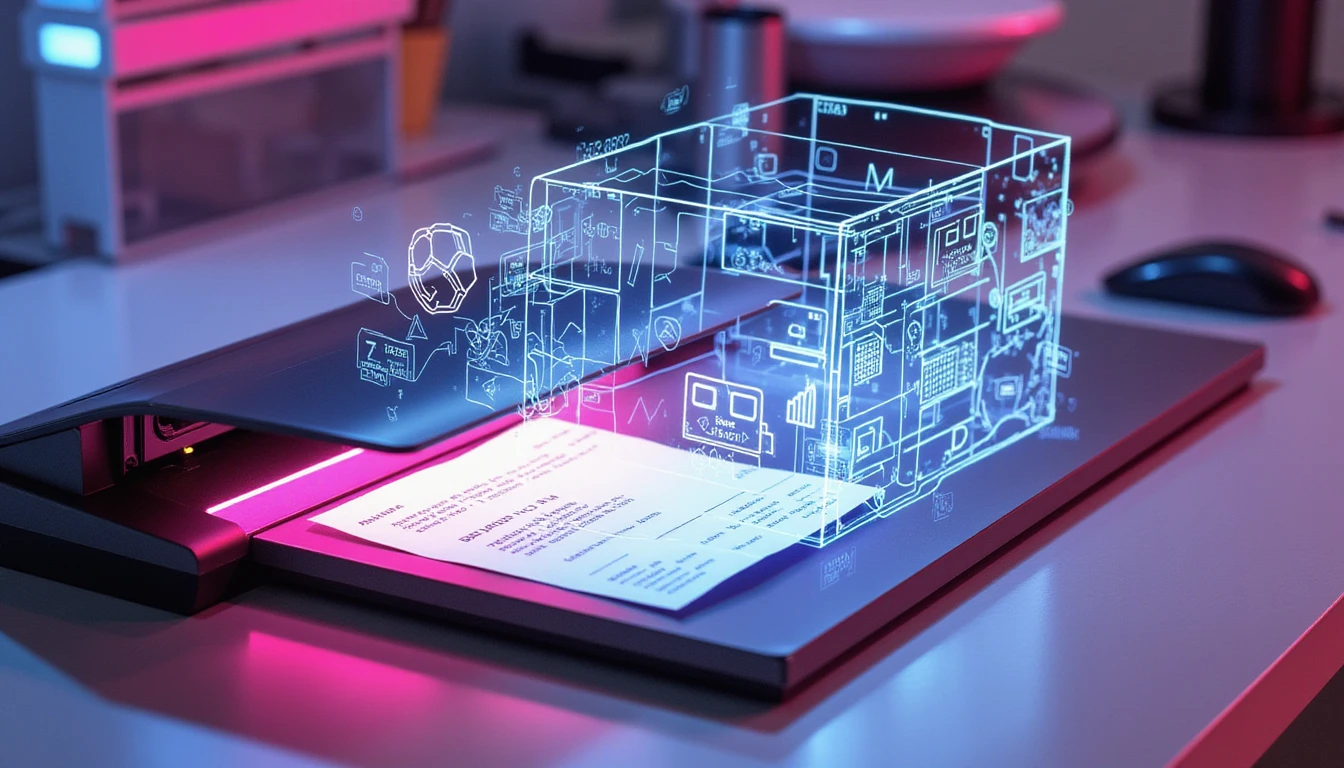 Futuristic digital workspace with holographic receipt scanning, AI-driven metadata analysis, and GDPR-compliant data integrity layers