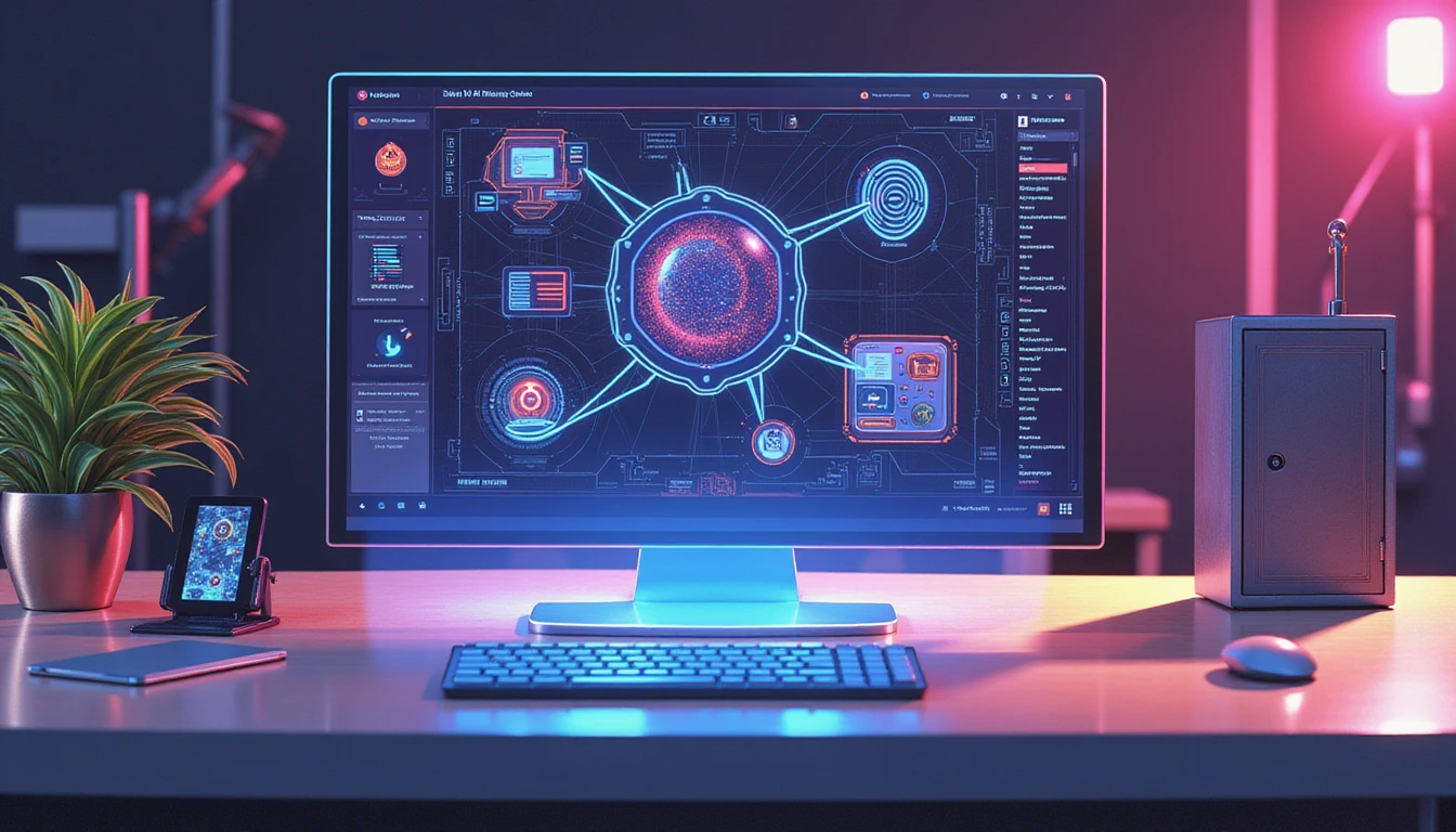 Futuristic desk with glowing dashboard, holographic receipt fraud analysis, and secure data protection symbols in neon style