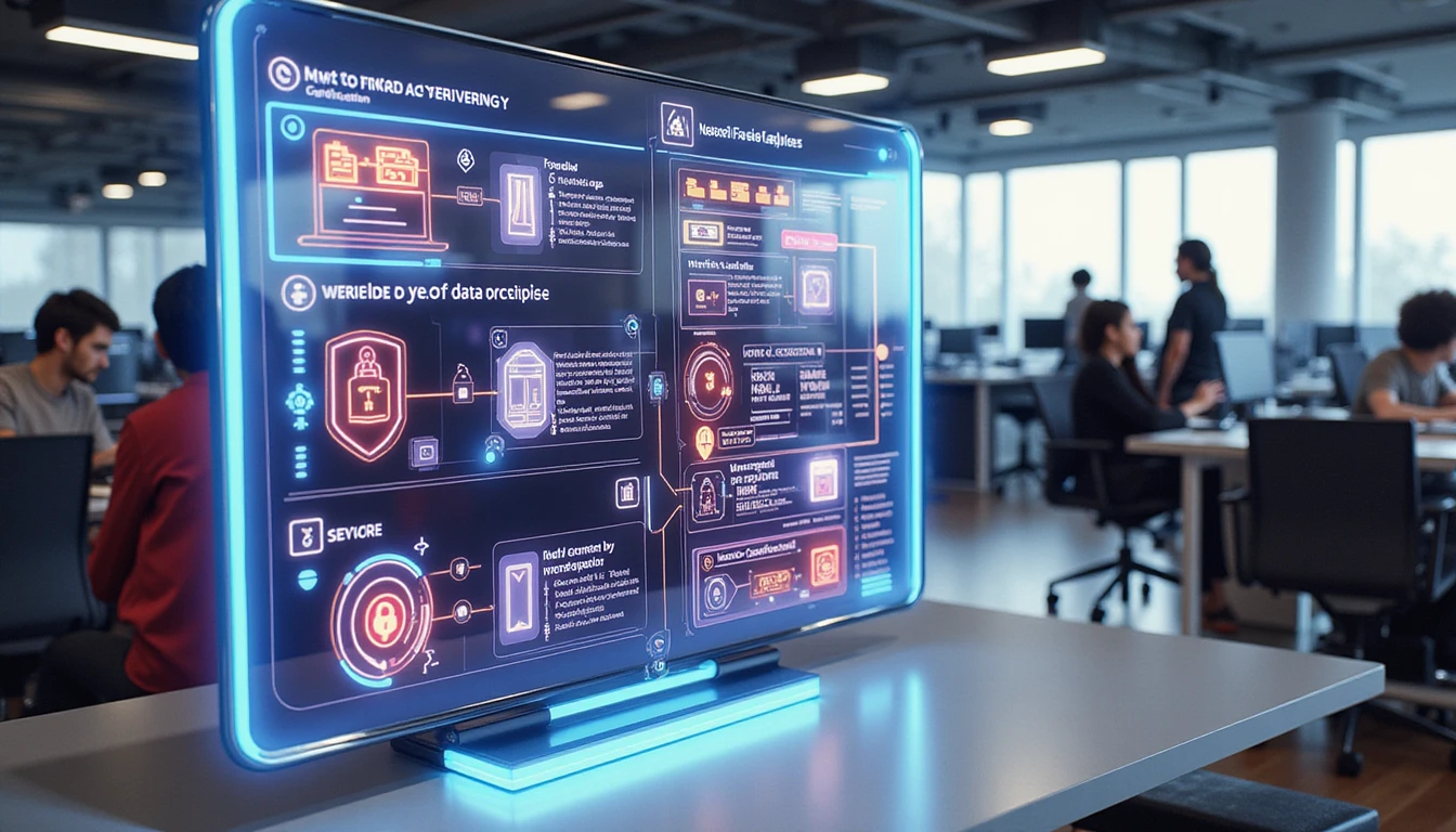 Futuristic insurance office with diverse staff and neon-glow AI interface showing certificate verification and fraud detection process