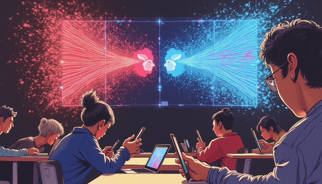 Diverse people using dating apps amid neon-lit AI battling glitchy fake profiles, symbolizing trust and authenticity online.