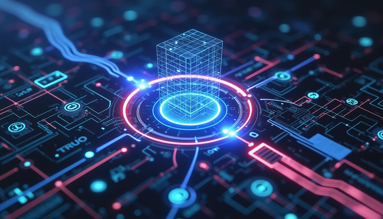 Futuristische, neonbeleuchtete digitale Schnittstelle mit vernetzten Knoten, die KI-gesteuerte Betrugserkennung, Datensicherheit und Risikobewertung symbolisieren.