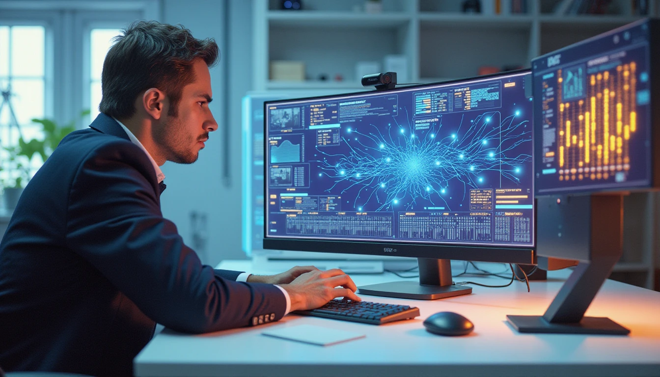 Claims adjuster uses AI-powered interface with neural network visuals to analyze documents and detect insurance fraud anomalies