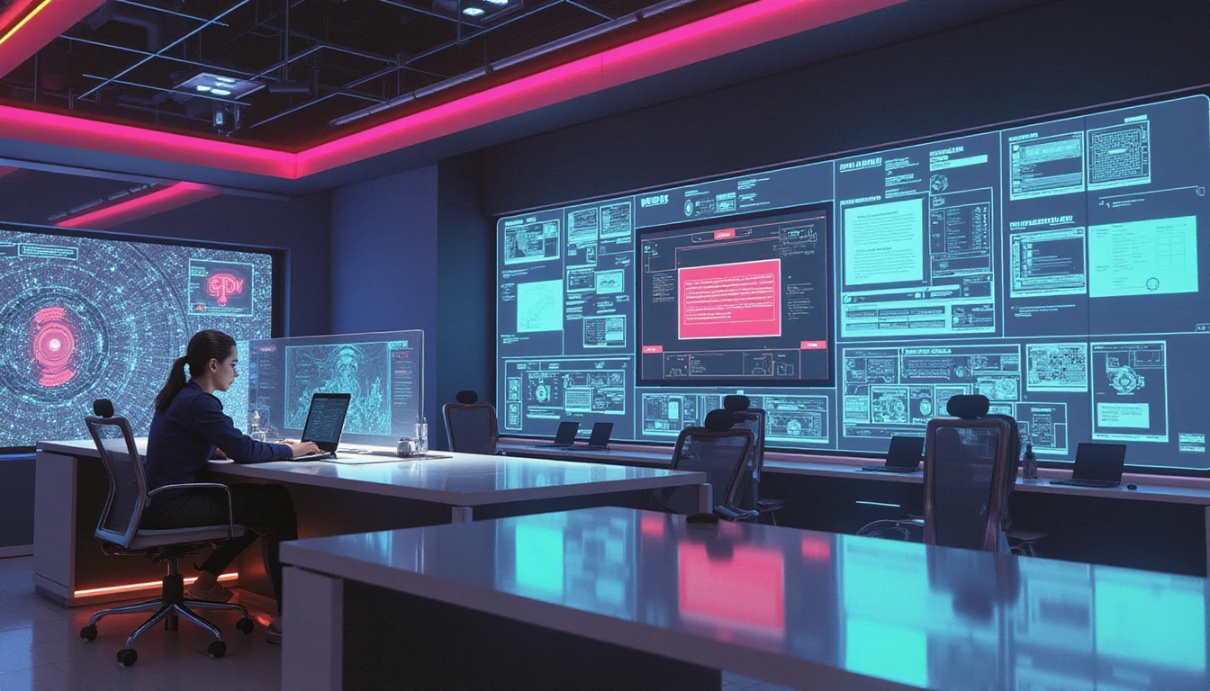 Futuristic insurance office with holographic fraud detection, AI claim analysis, and high-tech cybersecurity interfaces.