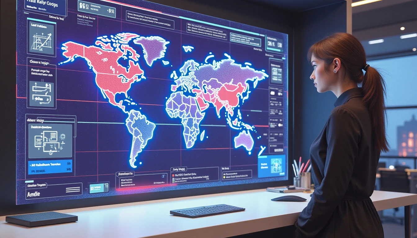 A futuristic AI-powered insurance office with a glowing risk assessment dashboard, holographic fraud detection, and a claims manager observing data.