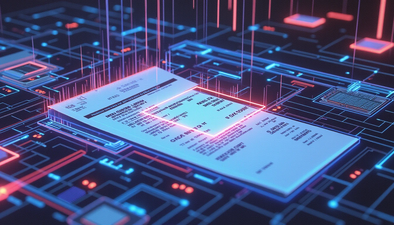 Futuristic AI analyzing digital receipt with neon-glow data streams, biometric scans, and security icons for fraud detection