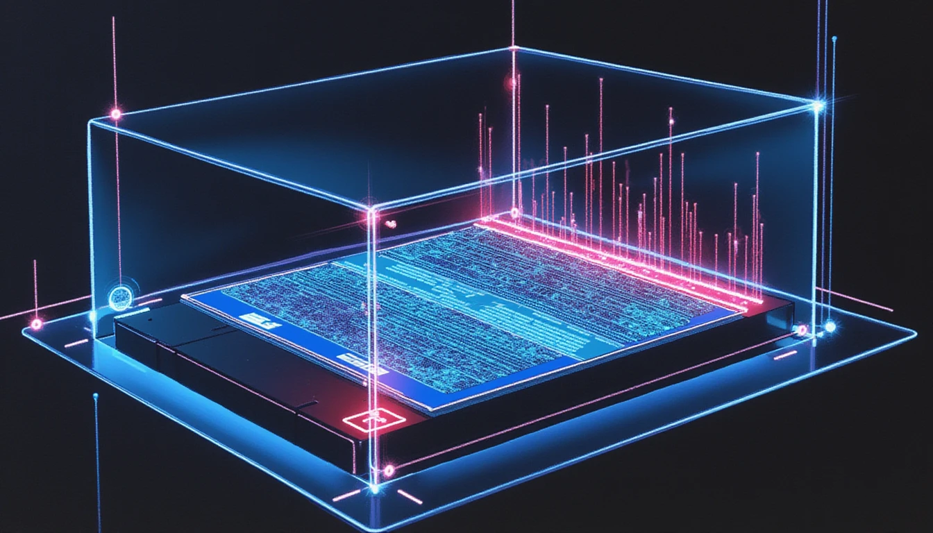 Futuristic digital scanner analyzing an AI-generated insurance claim, highlighting fraud detection with neon-glow forensic markers.