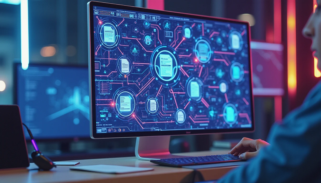 Secure computer screen verifying document metadata with AI-driven fraud detection diagram glowing in neon blue and violet.