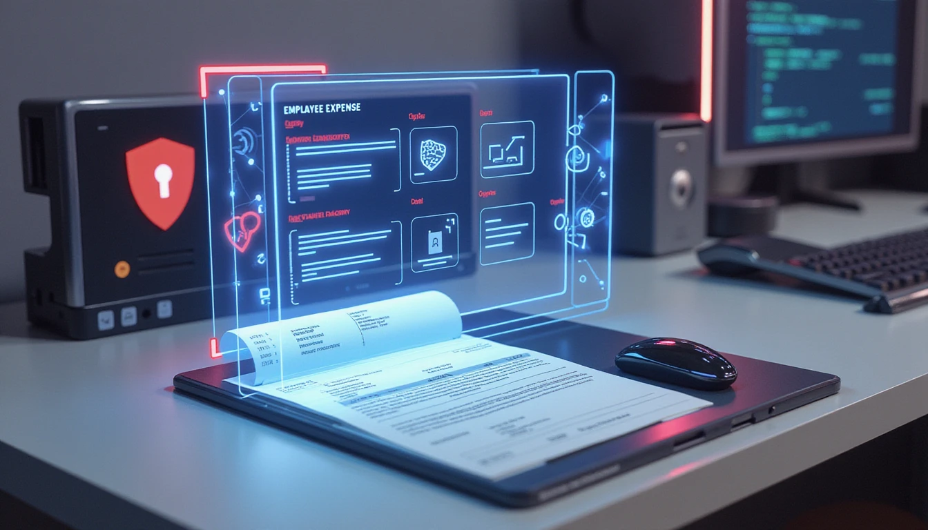 Futuristic office with AI holograms scanning documents, secure app UI, and metadata analytics highlighting fraud detection.