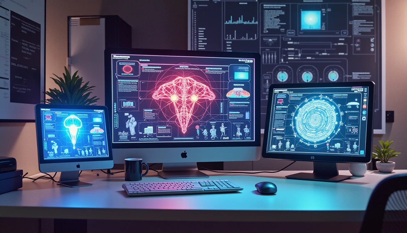 Futuristic insurance office with AI tools, biometric data, and fraud detection visuals highlighting secure verification processes