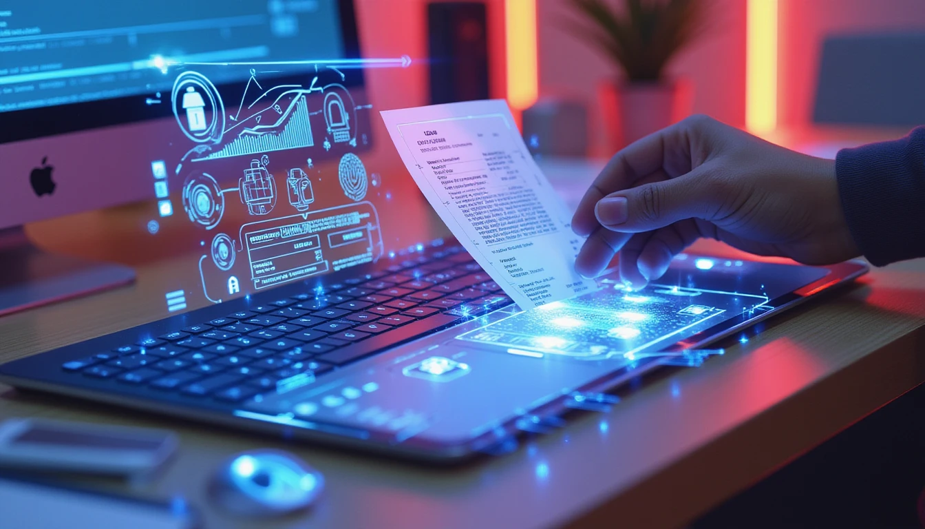 Futuristic macro view of AI fraud detection interface analyzing receipt with holographic compliance and biometric security elements