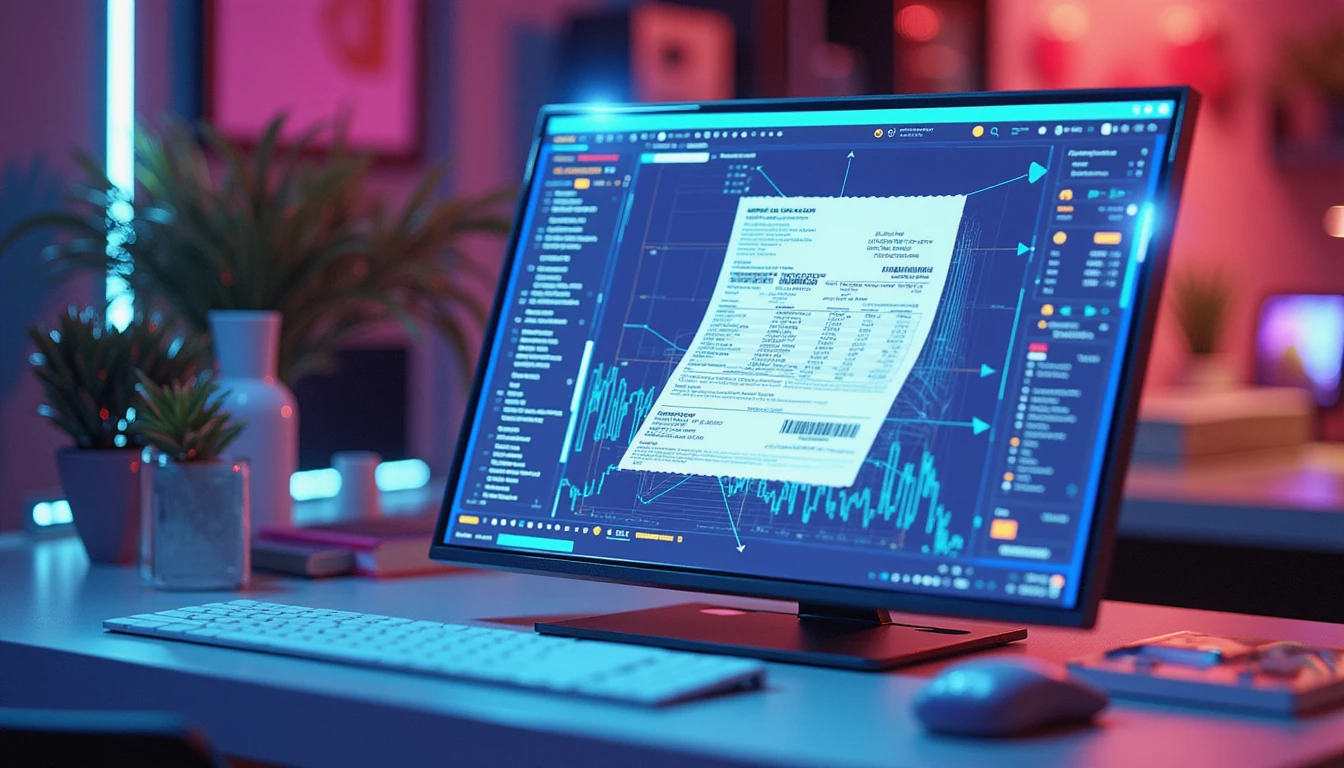 Futuristic digital workspace with neon-lit OCR scanning a receipt, holographic AI fraud detection, and data stream integration