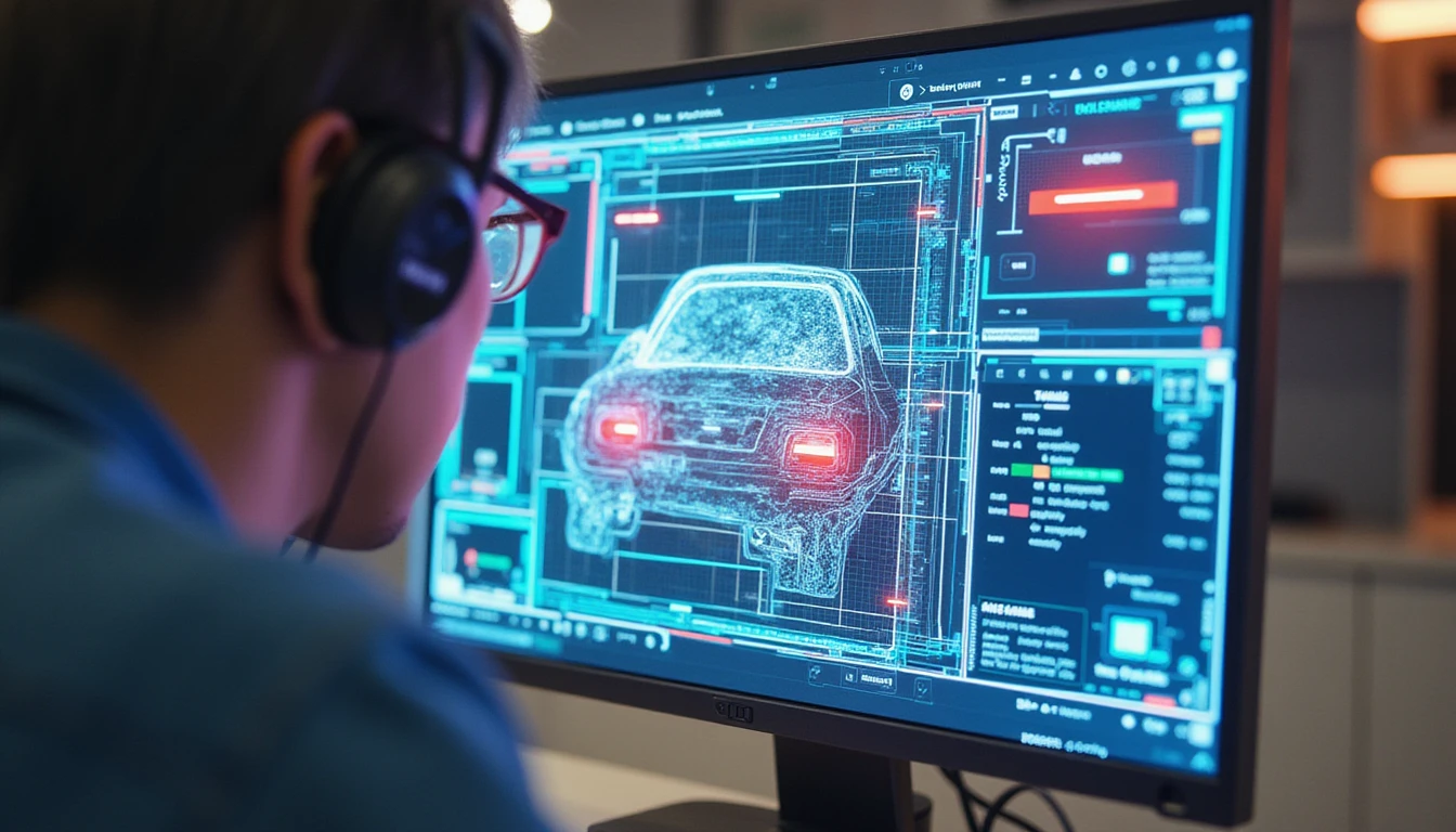 Cybersecurity expert analyzing tampered insurance claim on a neon-lit screen with VAARHAFT’s real-time fraud detection interface