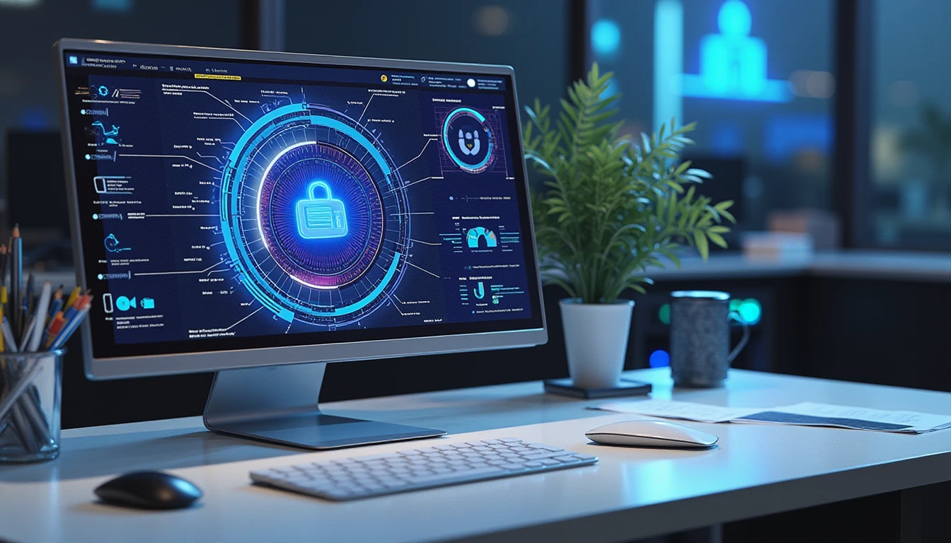 Futuristic insurance office desk with AI dashboard analyzing fake ID, holographic fraud detection visuals, and neon-lit data streams
