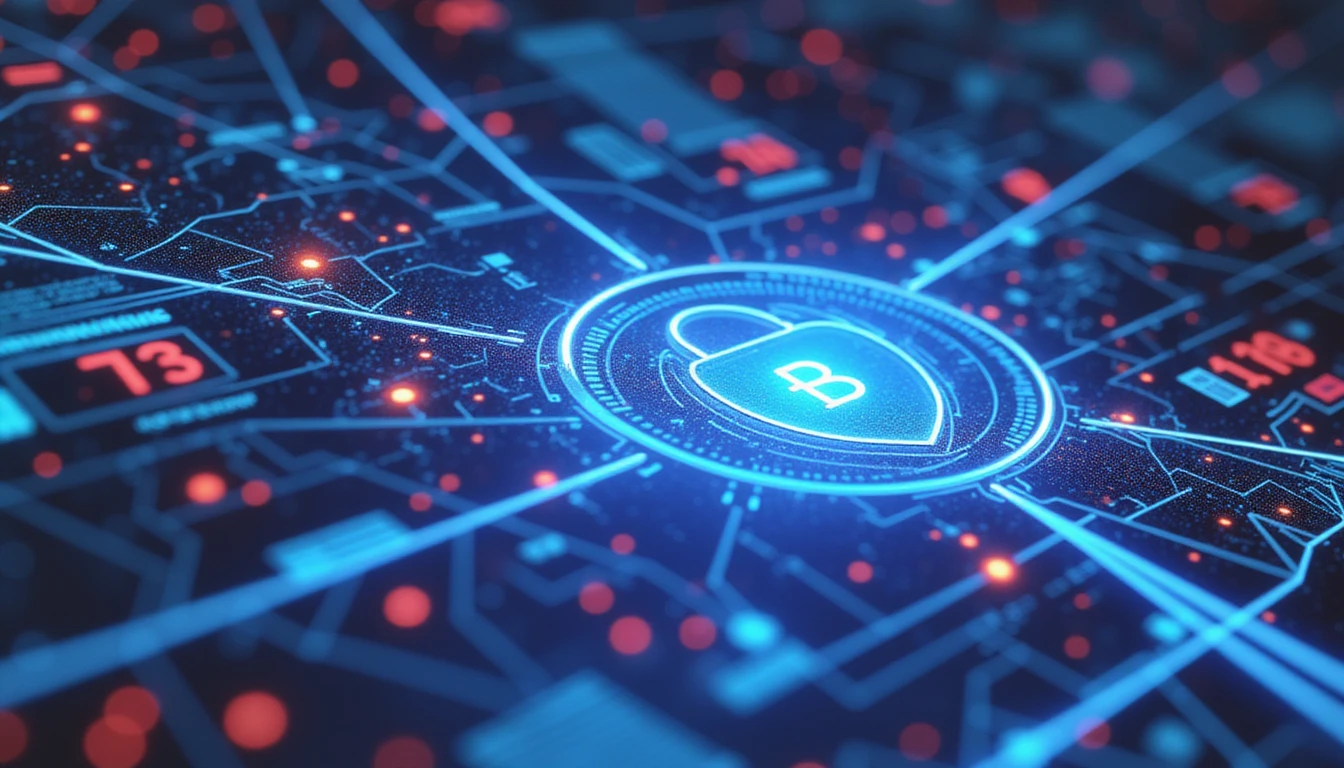Futuristic AI-driven fraud detection interface with glowing neon elements, visualizing data analysis, biometric verification, and security.