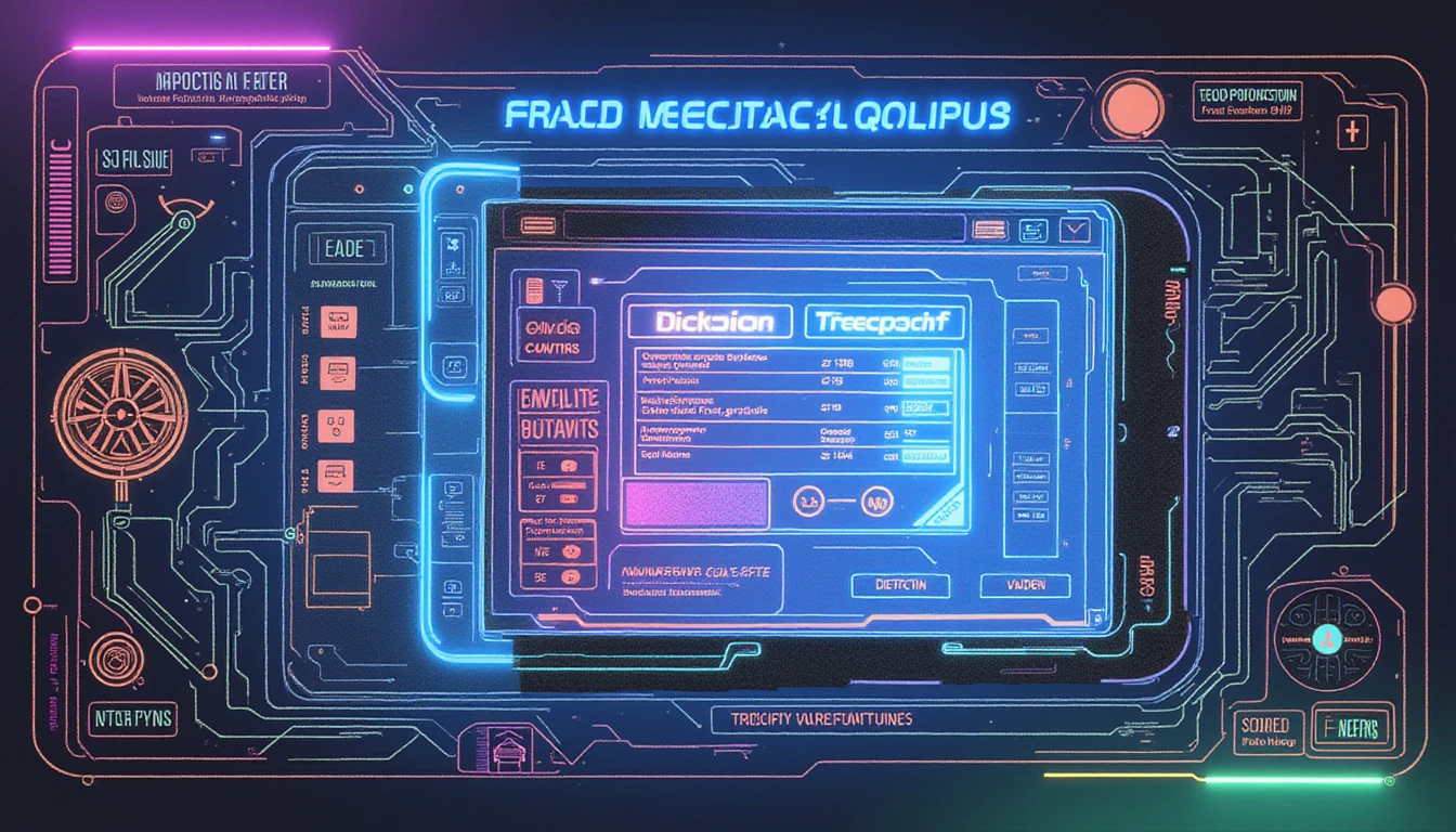 Futuristic diagram of AI-driven fraud detection analyzing expense receipts with neon circuits and VAARHAFT's Fraud Scanner interface
