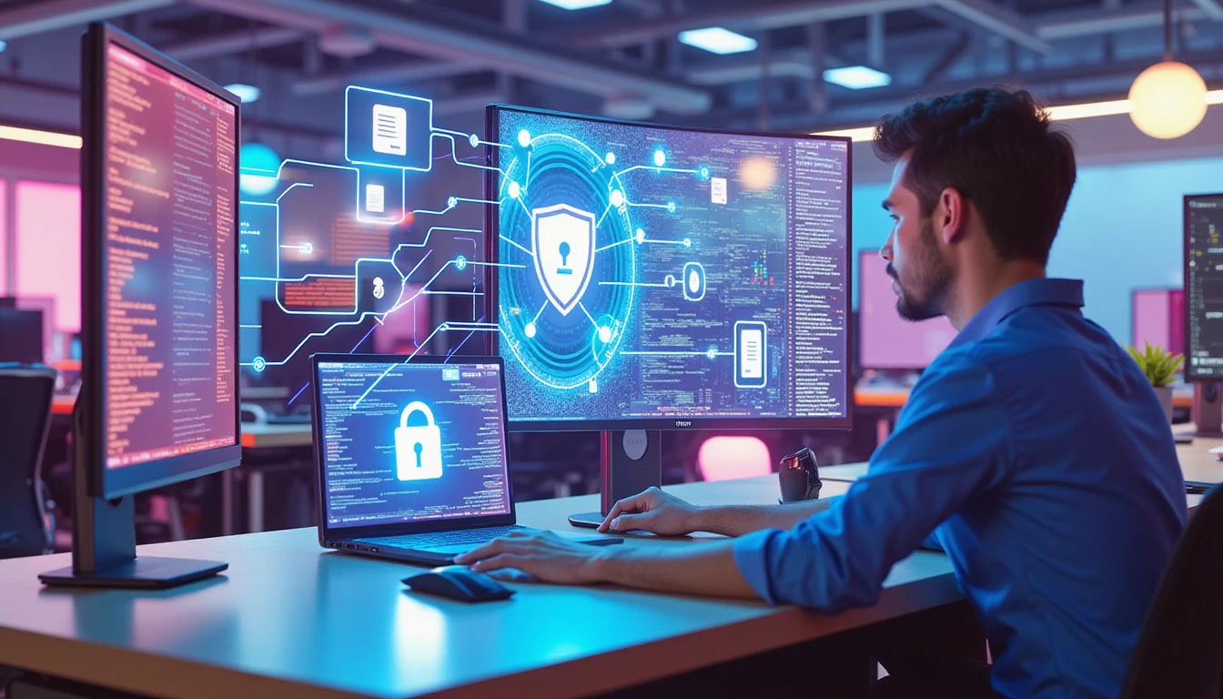 Futuristic workspace with holographic screens showing AI-driven travel expense and fraud detection system in neon-lit setting