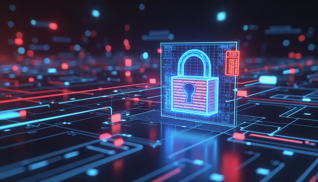 Futuristic cybersecurity interface with neon-glowing shields, digital locks, and AI-powered scanning, ensuring secure document verification.