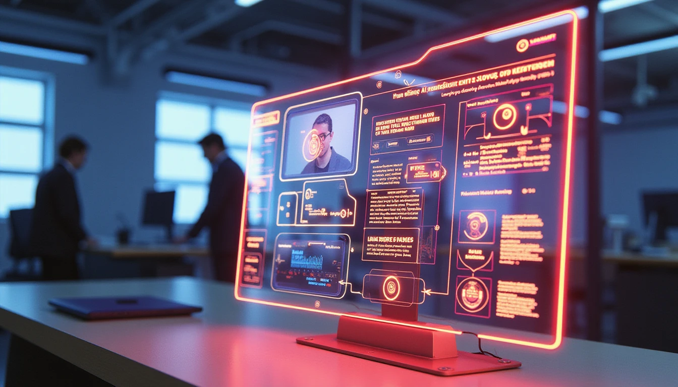 Futuristisches Versicherungsbüro mit VAARHAFTs AI-Fraud Scanner und einem Neon-Diagramm, das die Echtzeiterkennungsprozesse für Bildbetrug zeigt